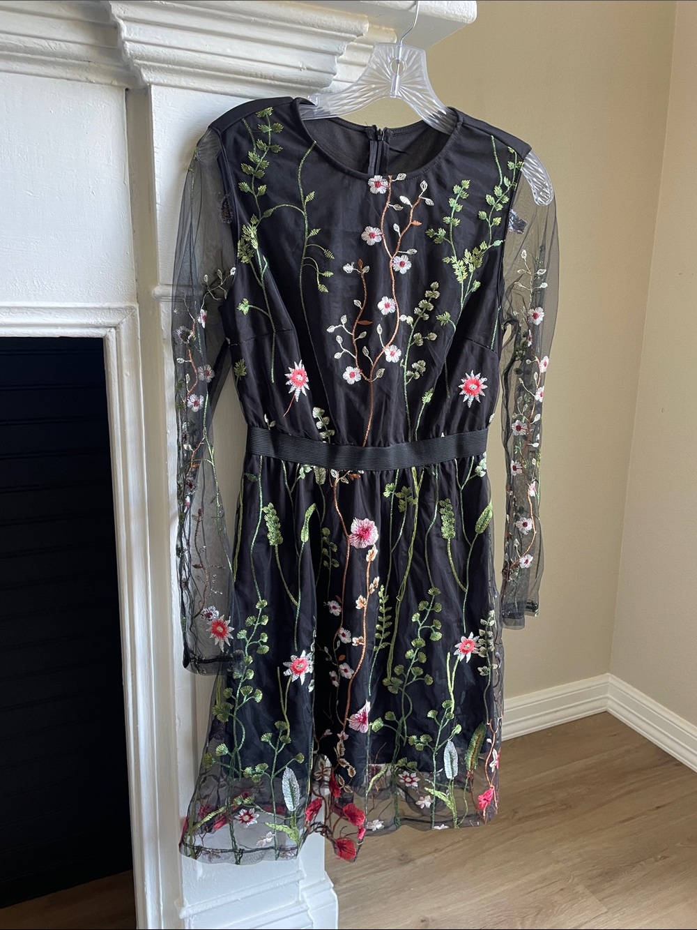 Black Floral Embroidered Long-Sleeve Mesh Dress
